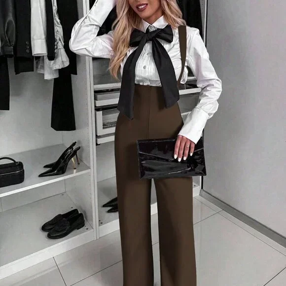 Coffee Brown Elegant Women's Spaghetti Strap Wide Leg Jumpsuit